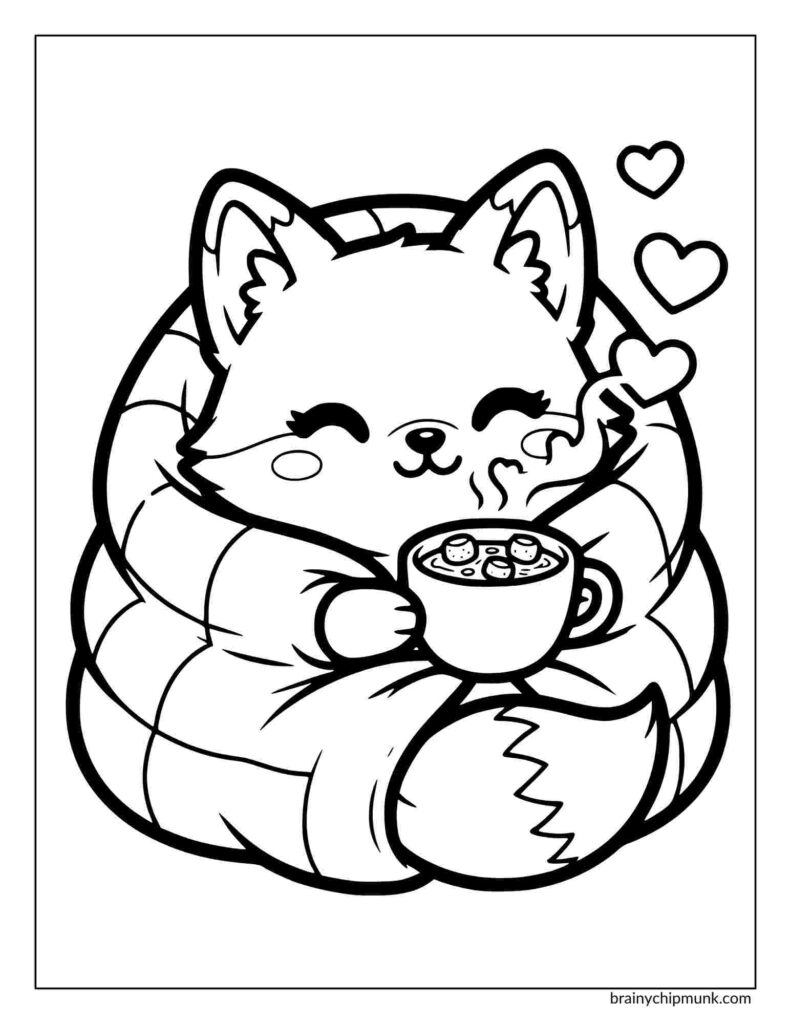 Coloring page of cute fox wrapped in a fluffy blanket holds a steaming cup of hot cocoa, surrounded by hearts, conveying warmth and coziness.