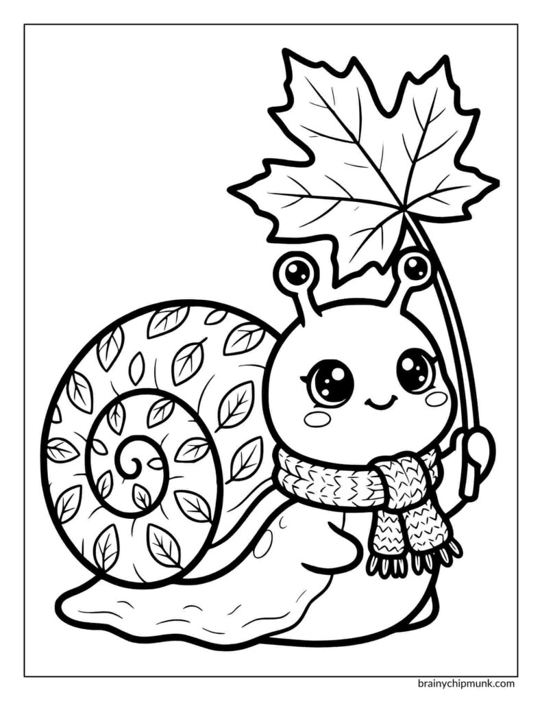 A cute cartoon fall snail coloring page with a spiral shell decorated with leaves, wears a scarf, and holds a large maple leaf. The illustration is cheerful and whimsical.