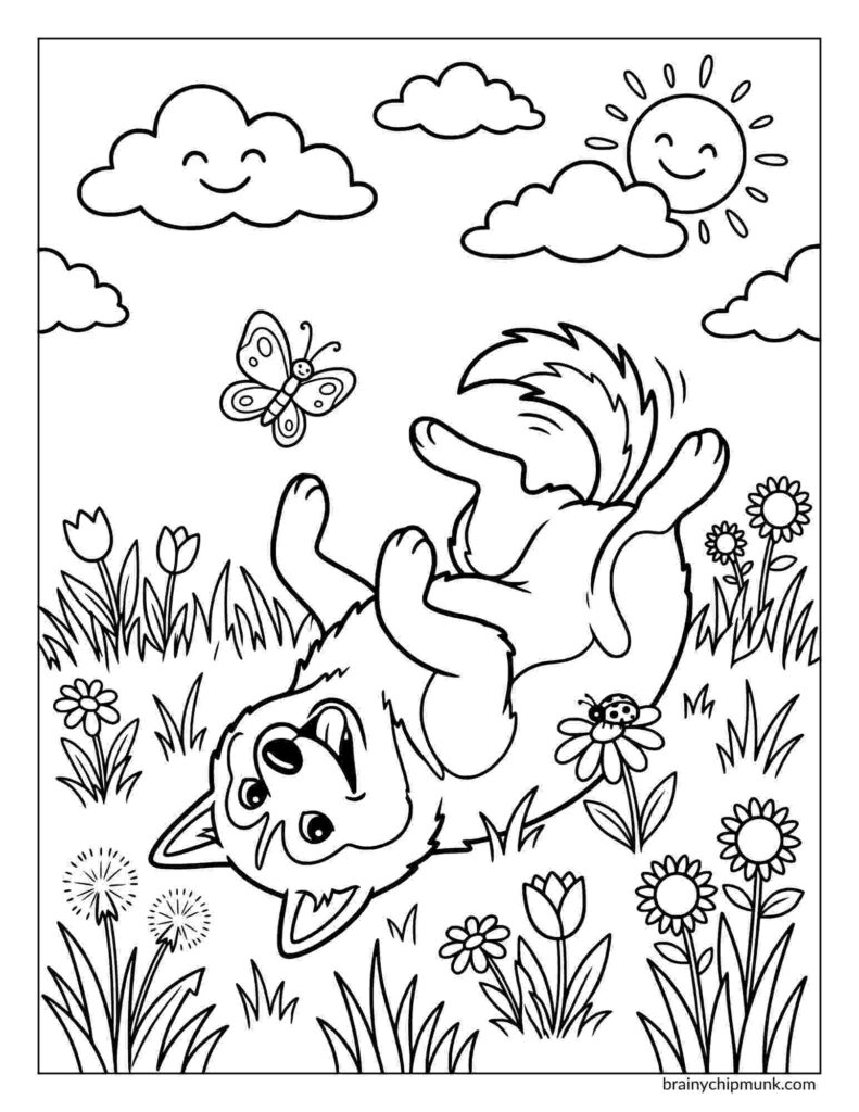 42 Cute Husky Coloring Pages A playful husky lies on its back in a grassy meadow, surrounded by flowers and a butterfly coloring page. The sun and clouds have cheerful faces, creating a happy scene.