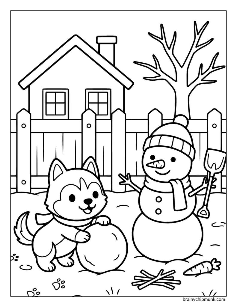 42 Cute Husky Coloring Pages Cute coloring page of a husky dog rolling a snowball next to a cheerful snowman with buttons and a scarf. A house, picket fence, and leafless tree form the background.