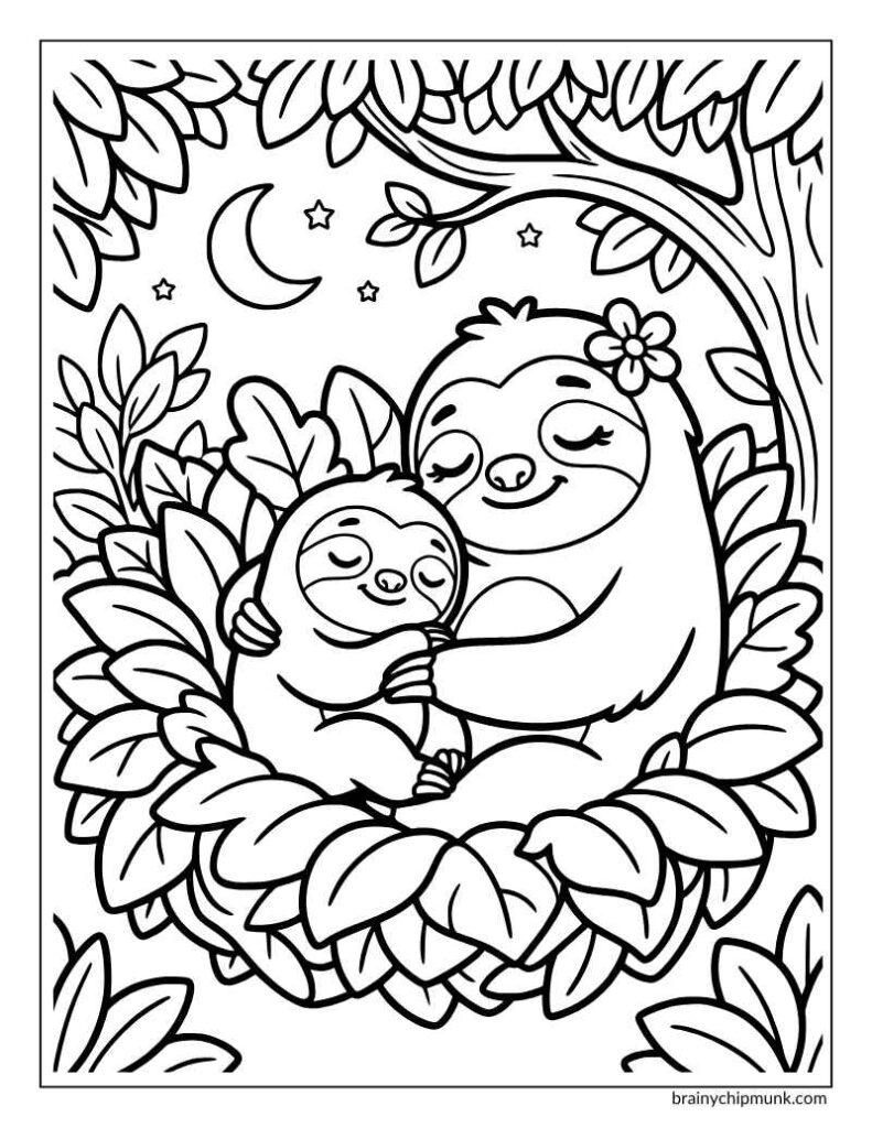 sloth sleeping with mummy on bed of leaves coloring page.
