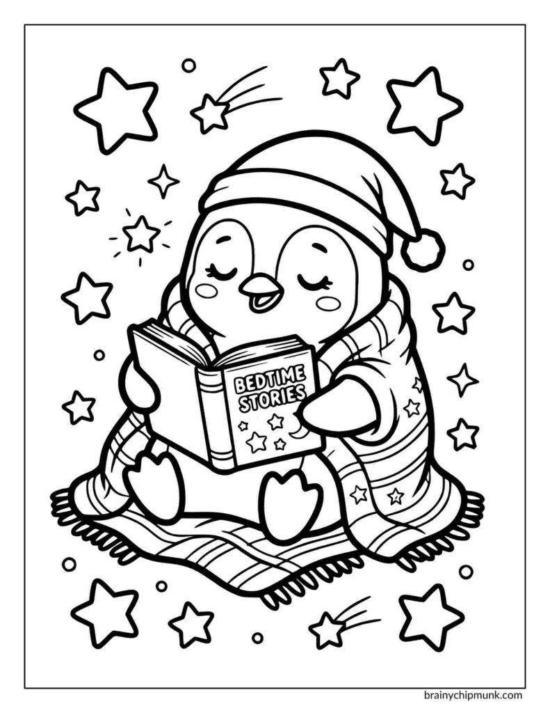 Coloring page of a cute penguin wearing a nightcap and wrapped in a blanket reads a "Bedtime Stories" book. Stars surround the penguin, creating a cozy bedtime scene.