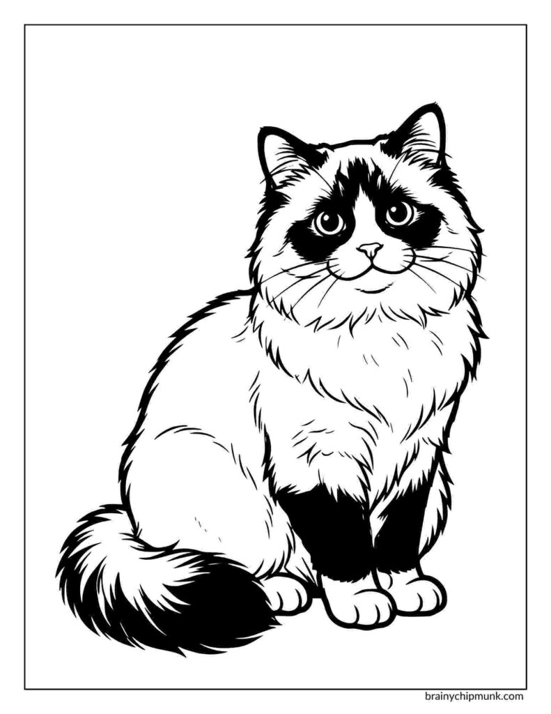 Coloring page of a birman cat with a serene expression, sitting upright. It has a bushy tail and dark markings; the style is black and white line art.