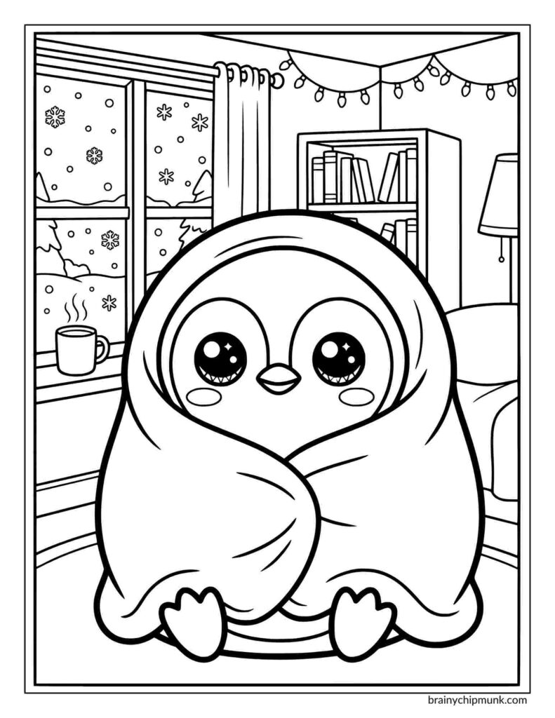 Cute cartoon penguin wrapped in a blanket, sitting indoors coloring page. Snowflakes fall outside the window. A steaming mug and books create a cozy scene.