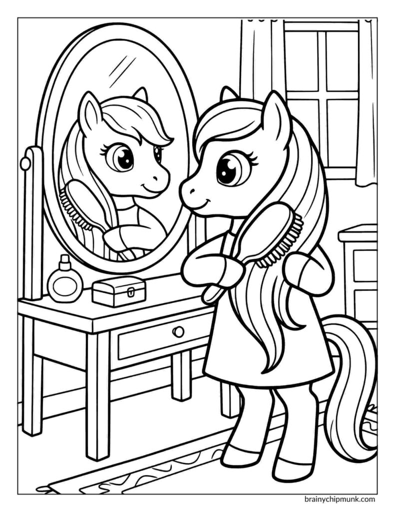 Coloring page of a pony brushes its mane in front of an oval mirror. The room has a dresser, a small box, and a window, evoking a playful and cheerful tone.