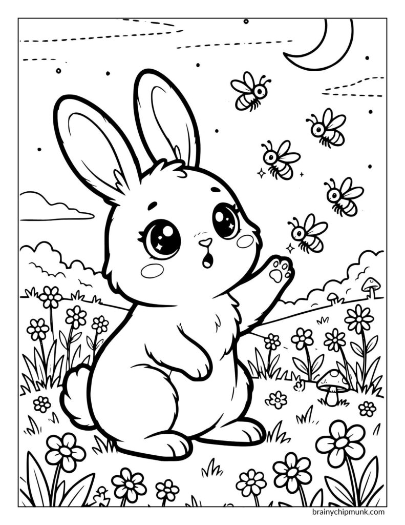Cute cartoon bunny in a flower-filled meadow looks at fireflies under a crescent moon. The scene is cheerful.