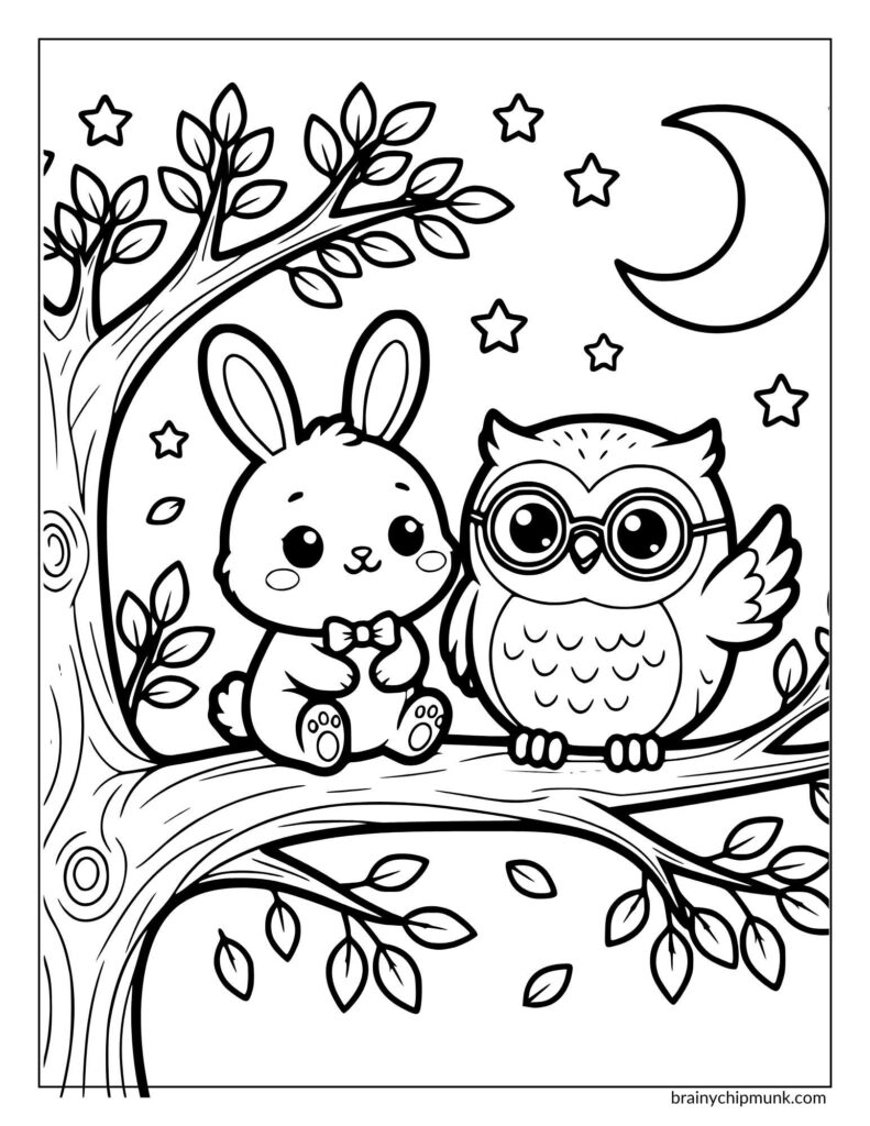 A cute bunny and wise owl with glasses sit together on a tree branch under a starry night sky with a crescent moon. Whimsical and serene.