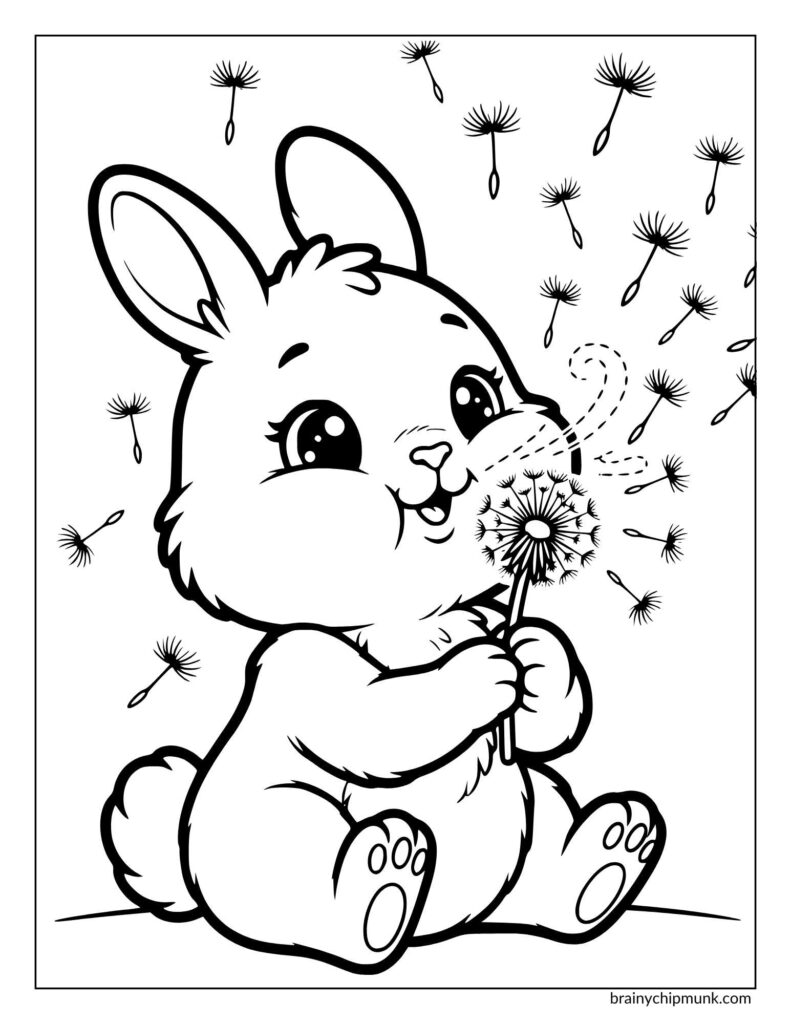 A Fat bunny blowing a a fluffy dandelion.
