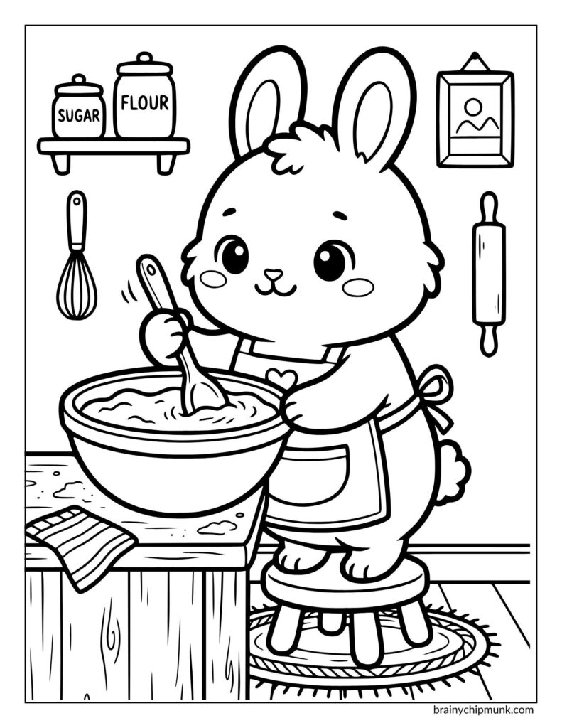 A cute bunny is mixing somthing in a bowl standing on a stool.