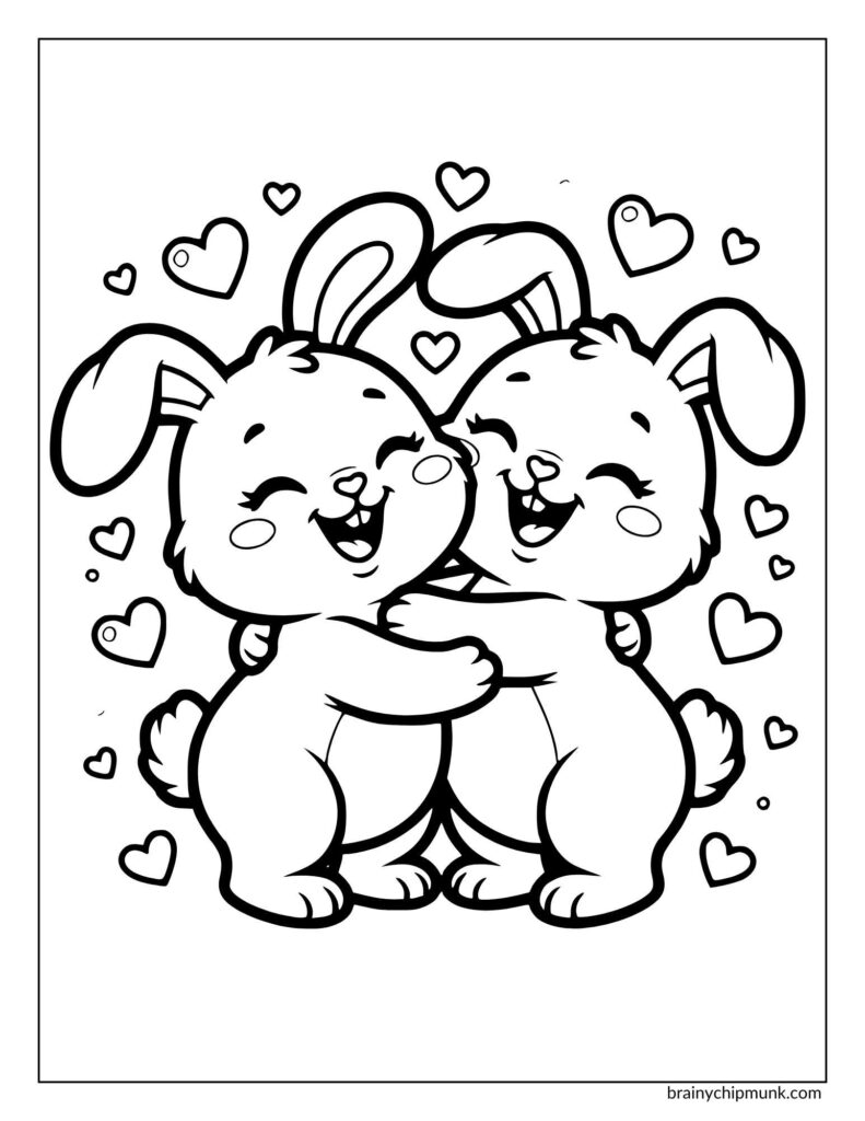 Two little bunnies hugging surrounded by hearts.