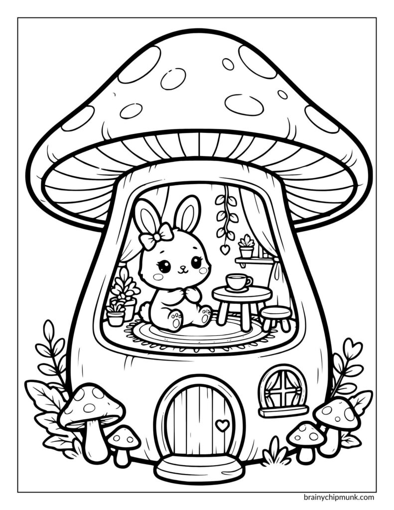 A cute bunny with a bow sits inside a mushroom-shaped home, surrounded by small furniture and plants. The scene is whimsical and charming.Black and white coloring page.