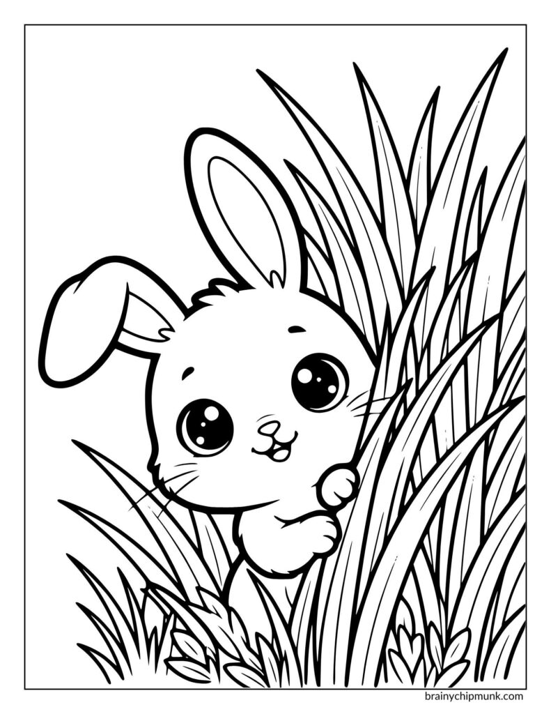 Little bunny is peaking out of tall grass.