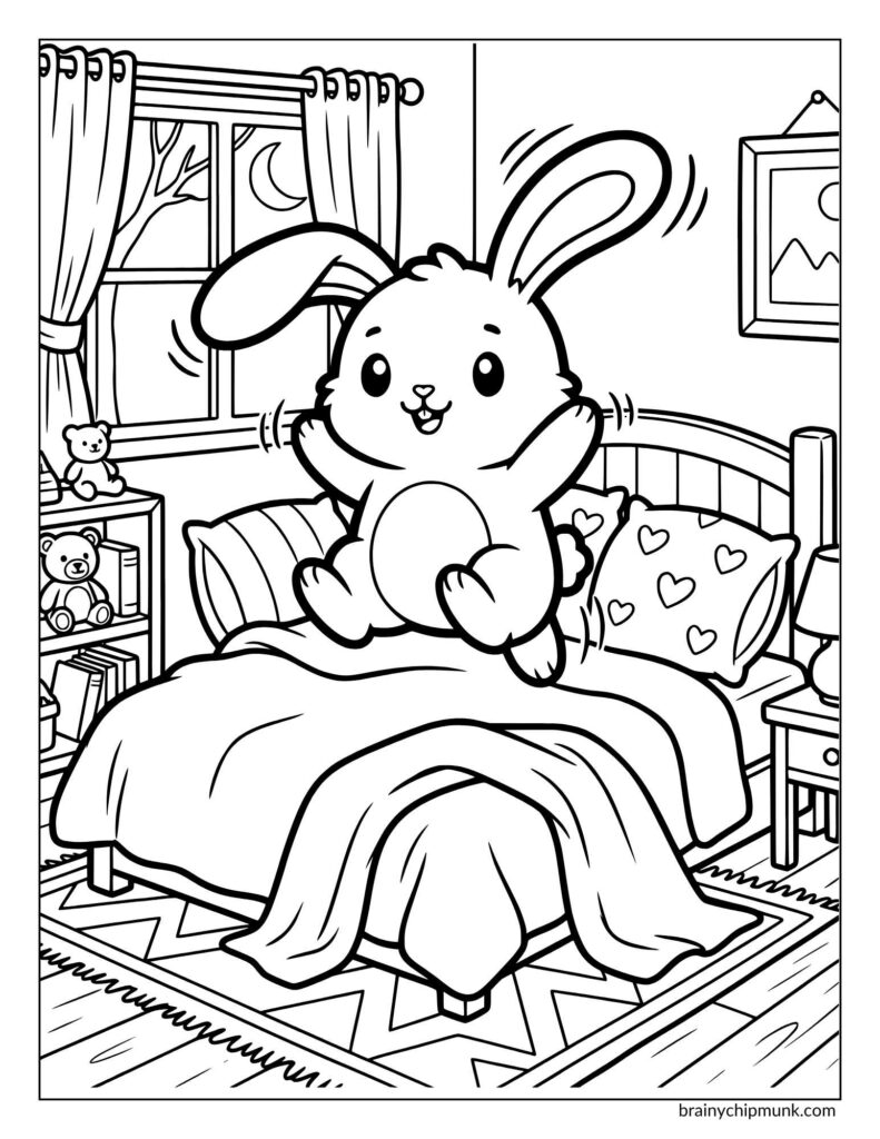 Cute cartoon bunny joyfully jumps on a bed with heart-patterned pillows in a cozy room. Toys and a window with tree and crescent moon in view.