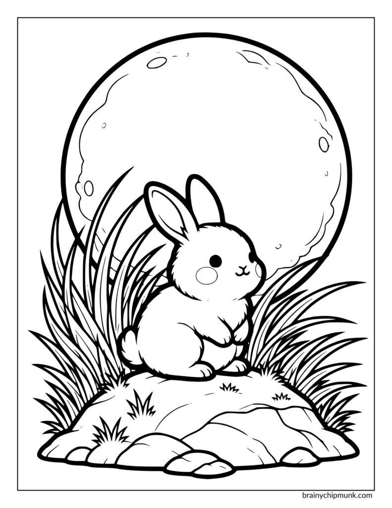 A cute bunny sits on a rock surrounded by grass, gazing at a large full moon in the night sky. The illustration is playful and serene.