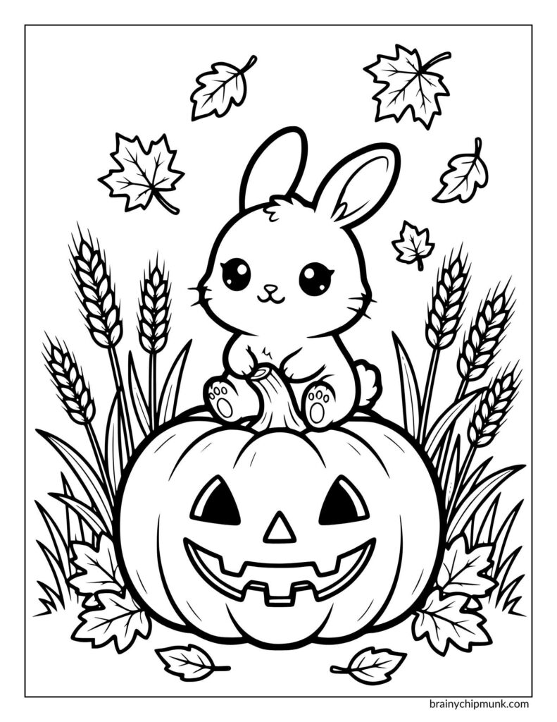 Cute bunny sitting on a carved pumpkin Jack-O-Lantern surrounded by wheat stalks and falling leaves. The scene feels autumnal and playful. Black and white coloring page.