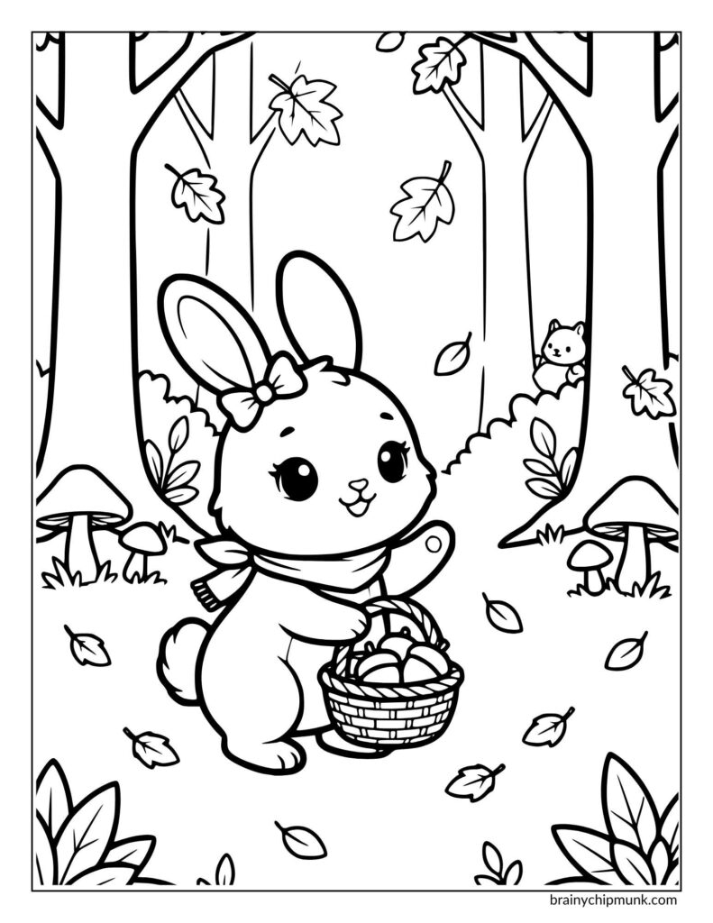 Cute bunny wearing a scarf and bow holds a basket of acorns in a forest. Leaves fall gently, and a bear peeks from behind a tree.