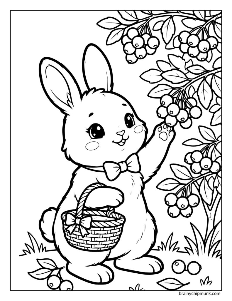 Cute bunny wearing a bowtie, holding a basket, and happily picking berries from a bush. Expresses joy and playfulness in a garden setting.