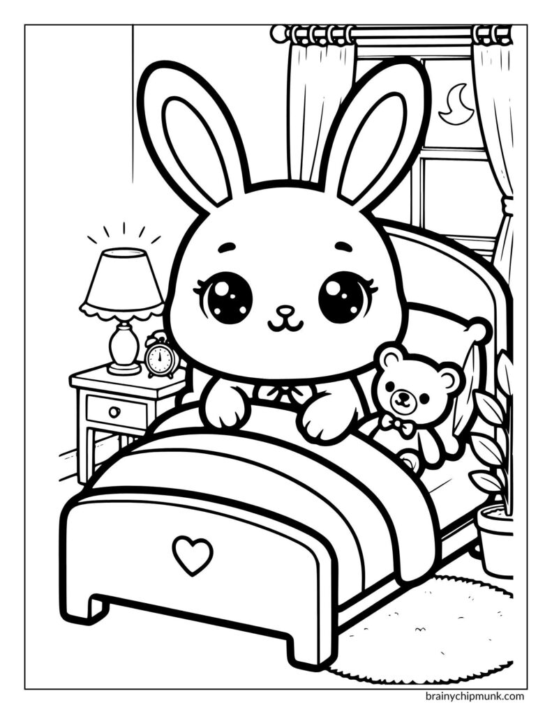 Cute bunny in bed with a teddy bear, surrounded by a cozy night scene. A glowing lamp, clock, and crescent moon in window add a serene tone.