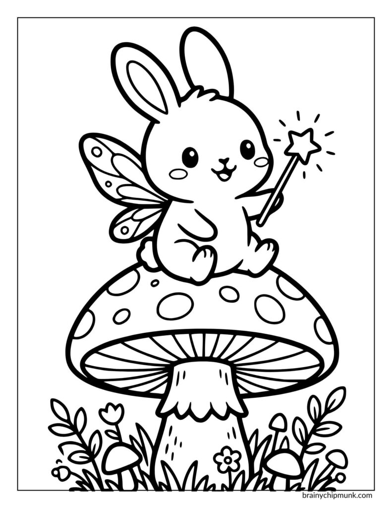 A cute bunny with fairy wings sits atop a spotted mushroom, holding a star-tipped wand. Flowers surround the mushroom.