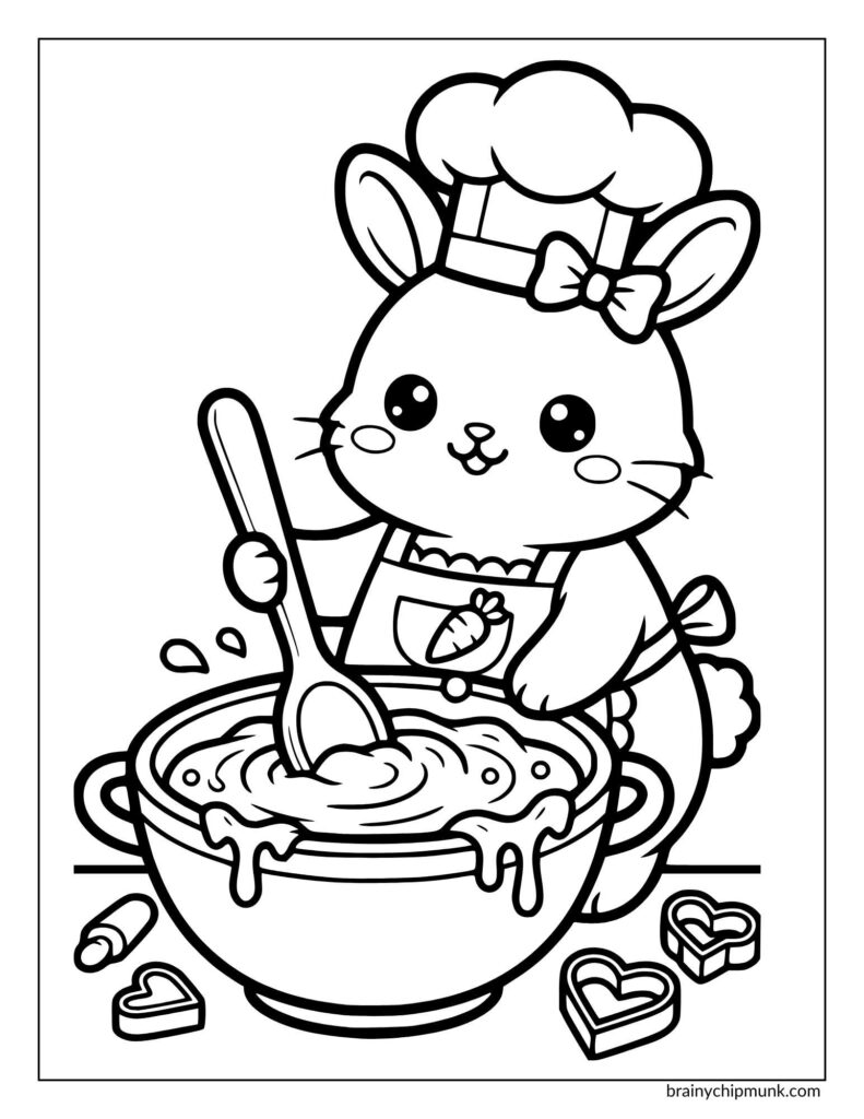 Cute cartoon bunny chef with apron and hat, mixing batter in a bowl. Heart-shaped cookie cutters are nearby, conveying a playful, joyful mood.