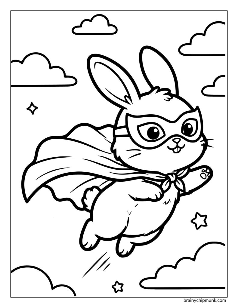A superhero bunny wearing a cape and mask flies through a sky with fluffy clouds and stars. The scene is whimsical and adventurous.
