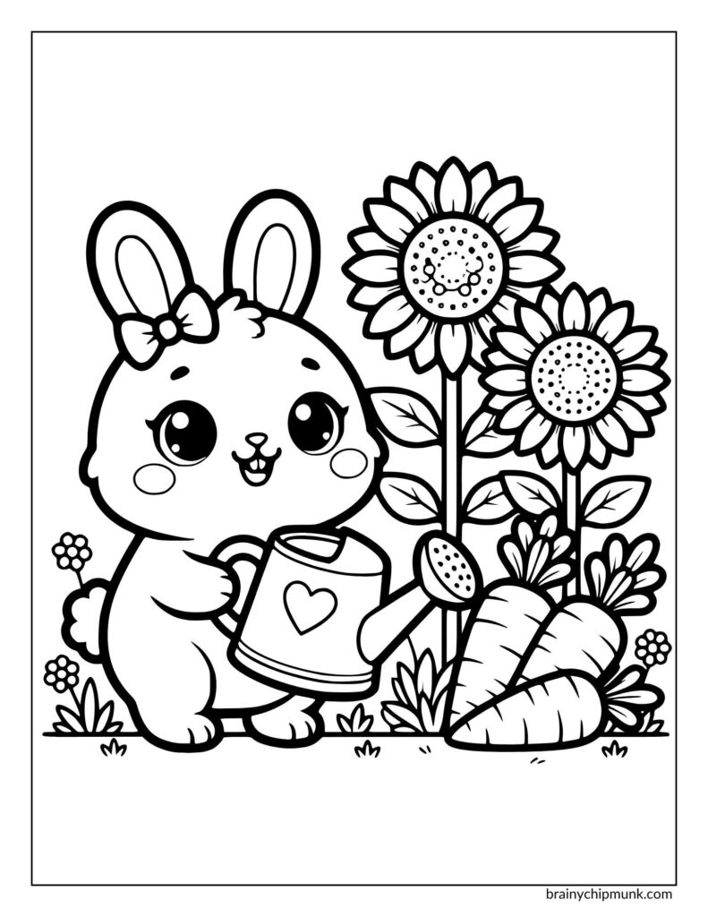 Cute illustration of a bunny with a bow, holding a watering can decorated with a heart. It stands near sunflowers and carrots, conveying a cheerful mood.