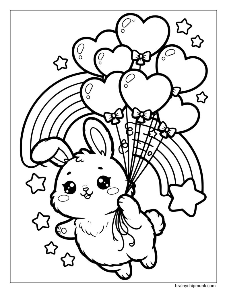 Cute cartoon bunny holding heart-shaped balloons and floating among stars with a rainbow background. The image conveys joy.