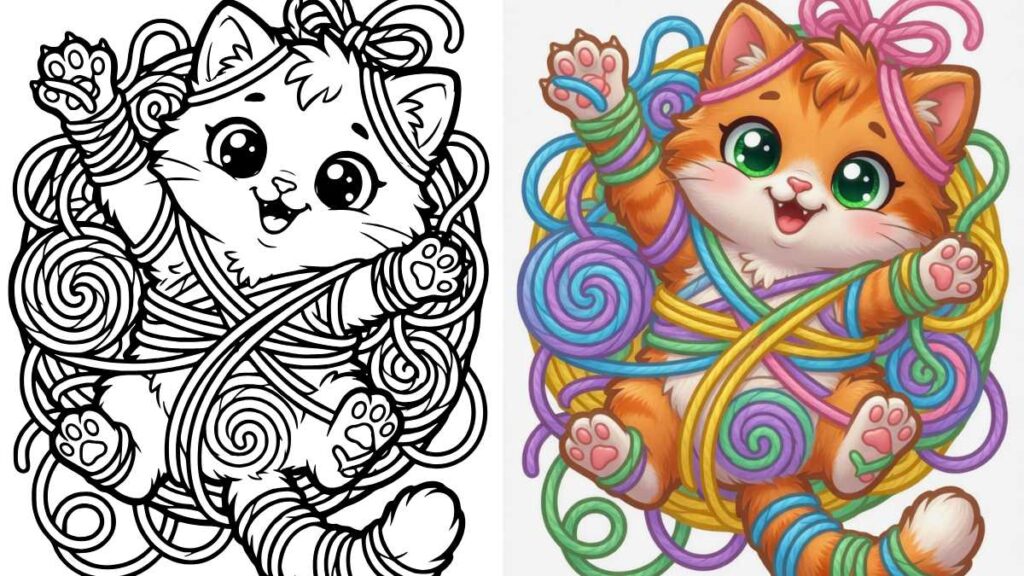 Cute kitten tangled in colorful yarn with big eyes on the right. Black-and-white line art of the same scene on the left. Coloring page