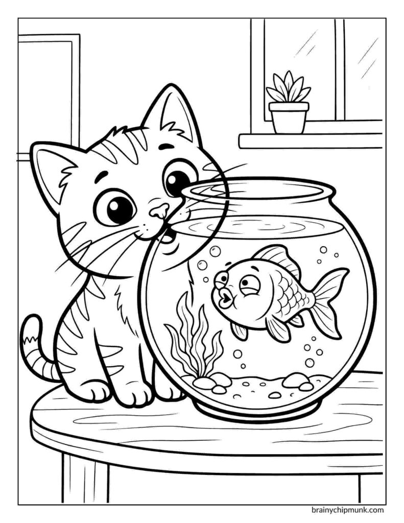 Coloring page of a cute, wide-eyed cat curiously peers into a fishbowl on a table, watching a goldfish. A potted plant and window are in the background. 