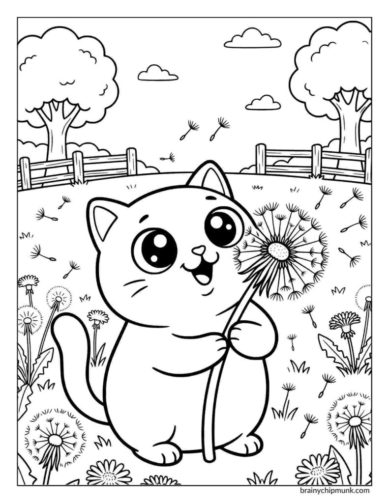 A cute cartoon cat in a field holds a dandelion, with other dandelions and trees in the background. Joyful and playful coloring page.