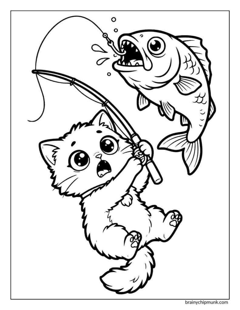 A cute coloring page of a kitten, wide-eyed with surprise, catches a large fish with a fishing rod. The playful scene conveys a sense of fun and adventure.
