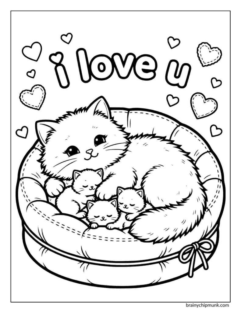Coloring Page of a cute cat cuddles three kittens in a basket surrounded by hearts. The words "I love u" are above, creating a warm, affectionate scene.