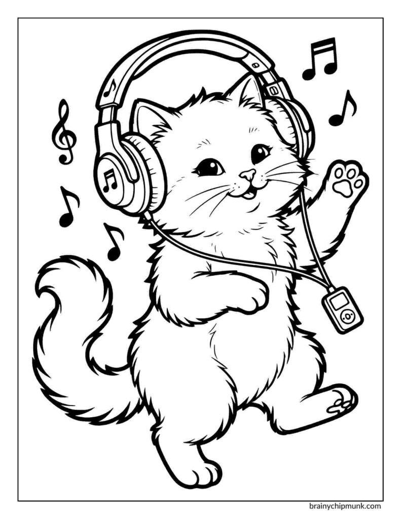 Cute cartoon cat wearing headphones, joyfully dancing to music notes floating around. The scene is playful and lively, exuding happiness.
