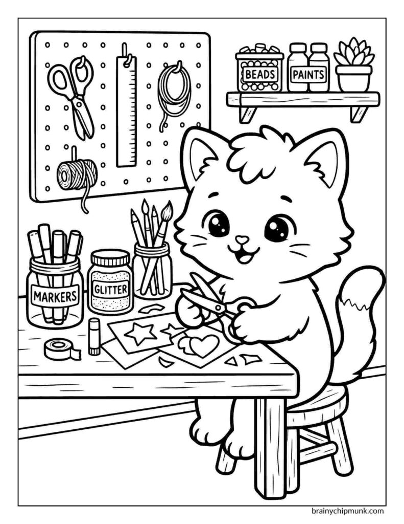 A cute cartoon cat sits at a crafting table, happily cutting paper with scissors. Art supplies like markers, glitter, and paints surround it, creating a playful atmosphere.