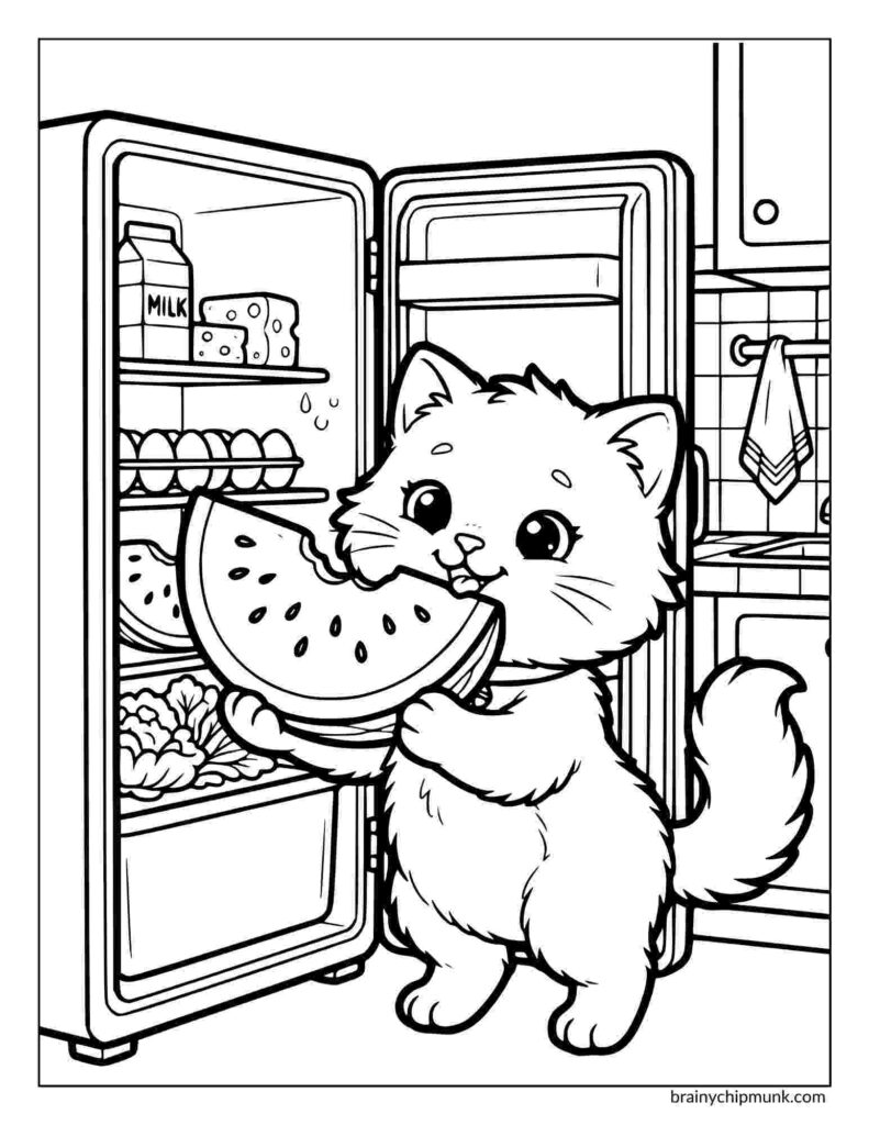 A cute cartoon kitten happily holds a slice of watermelon in front of an open fridge. The fridge is stocked with milk, cheese, and eggs. Cat coloring page.