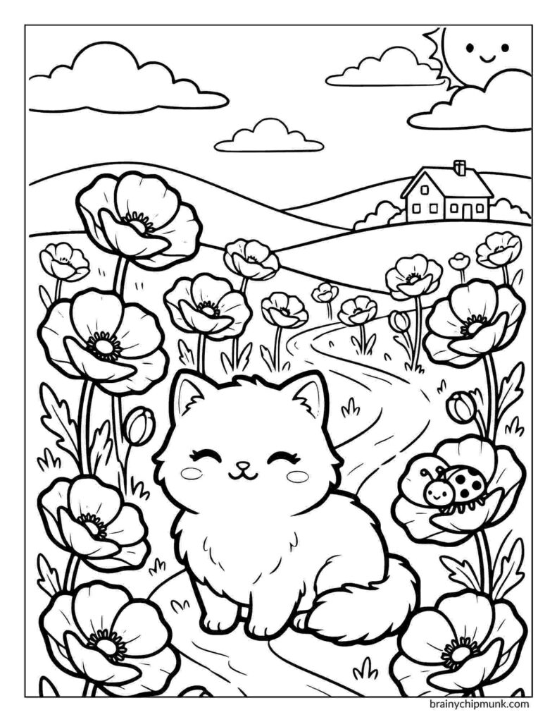 Cute coloring page of a cat sitting among large poppy flowers with a ladybug. A winding path leads to a distant house, under a smiling sun and fluffy clouds.