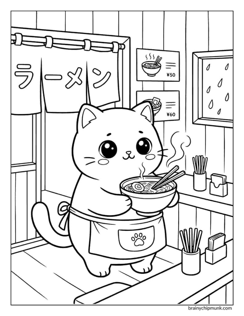 Cute cartoon cat wearing an apron, serving a steaming bowl of ramen in a cozy coloring page of a noodle shop. Menu signs and rain seen through a window in the background.