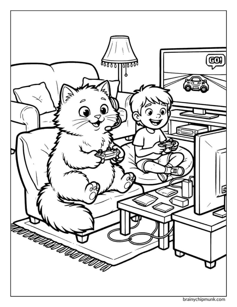 A boy and a fluffy cat sit on a couch, joyfully playing video games together. The TV shows a car racing game, creating a lively, fun atmosphere.