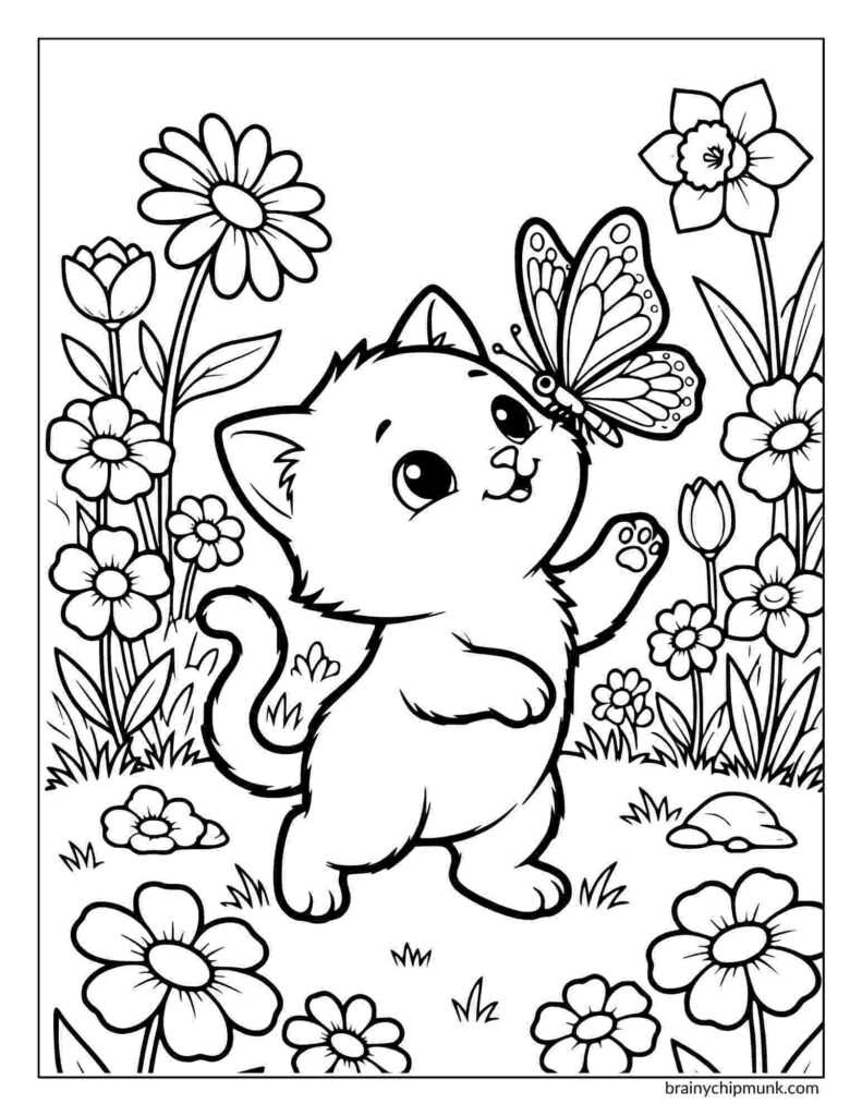 A cute kitten joyfully plays with a butterfly amid a field of flowers, including daisies and daffodils, conveying a sense of wonder and happiness.