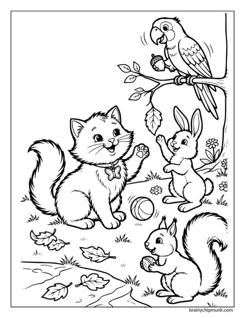Cartoon animals playing in a garden: a cat with a butterfly collar, a squirrel with a nut, a rabbit, and a parrot on a branch. Fun and playful scene.