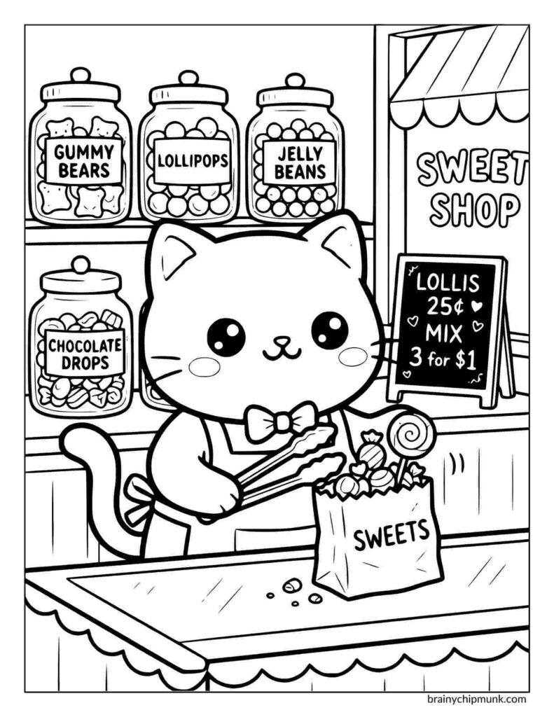 Cute cartoon cat coloring page in a sweet shop, holding tongs to fill a "Sweets" bag. Jars labeled gummy bears, lollipops, jelly beans, and chocolate drops.