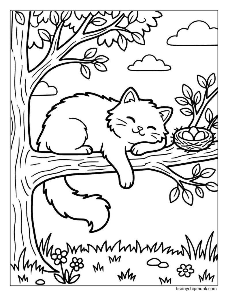 Coloring page of a fluffy cat peacefully sleeps on a tree branch next to a bird's nest. Surrounding are leaves, clouds, and flowers, creating a serene, playful scene.