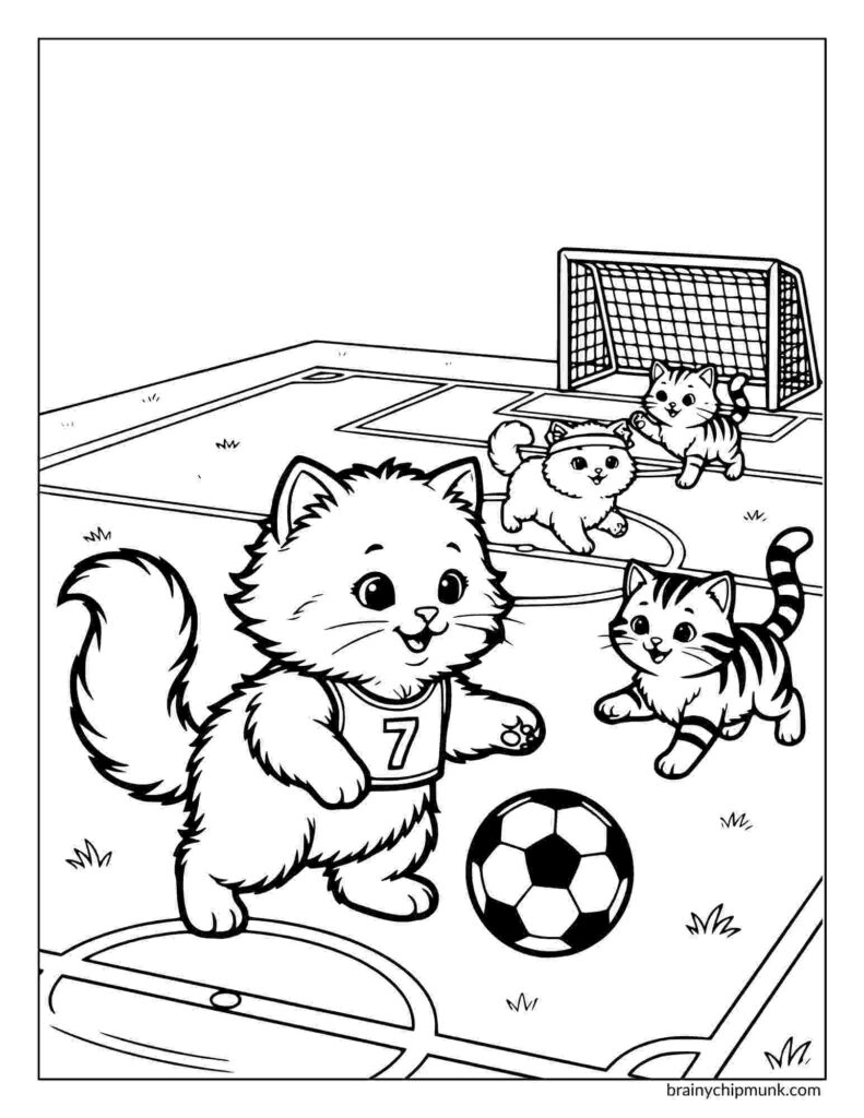 Three cartoon kittens play soccer on a field, one wearing a jersey and dribbling a ball, with a goal in the background. Playful and joyful scene.