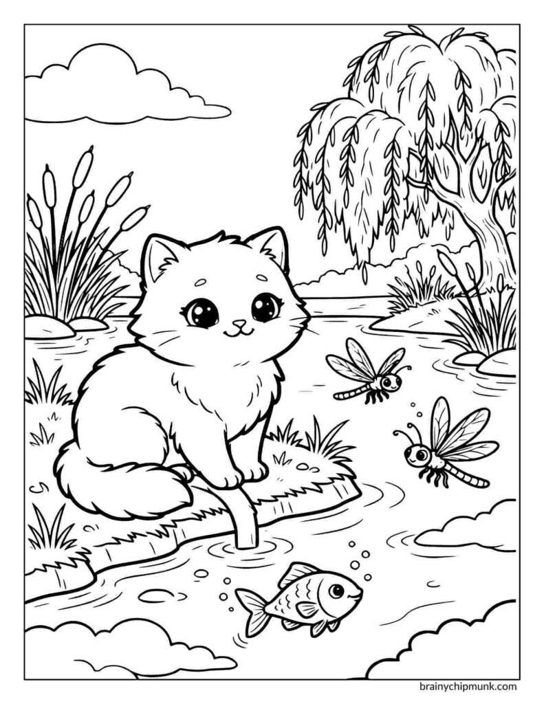 A cute kitten sits by a stream under a willow tree, watching dragonflies and a fish. The scene is serene and playful, with cattails in the background.