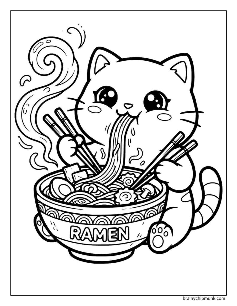Cute cartoon cat happily eats steaming ramen from a large bowl using chopsticks. The bowl is labeled "RAMEN." Playful and whimsical Coloring page.