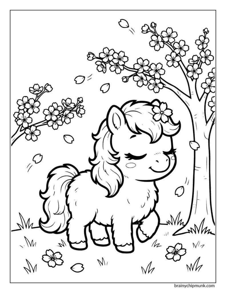 A cute coloriing page of a pony walks happily amidst falling cherry blossoms, surrounded by blooming trees. The scene conveys a playful, joyful tone.