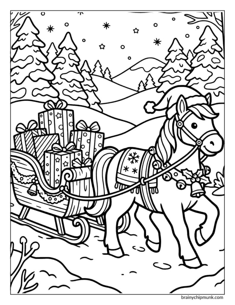 A festive coloring page features a cheerful pony in a Santa hat pulling a sleigh filled with wrapped gifts. Snowy pine trees and stars in the background.