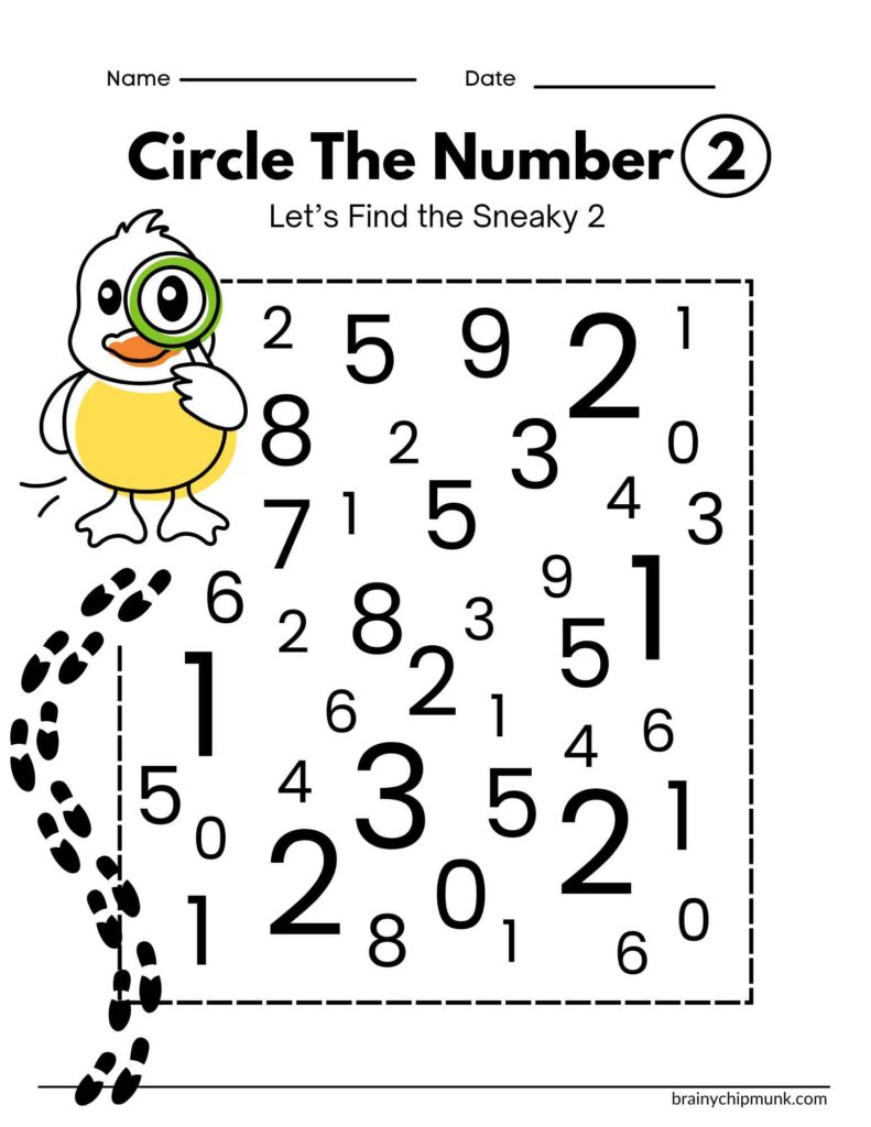 A playful worksheet features a cartoon duck with a magnifying glass, searching for two among scattered numbers. Text reads “Circle the Number 2.”
