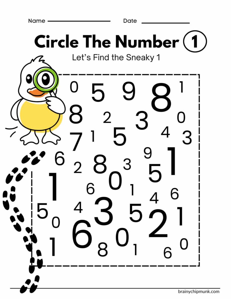 A playful worksheet features a cartoon duck with a magnifying glass, searching for one among scattered numbers. Text reads “Circle the Number 1.”