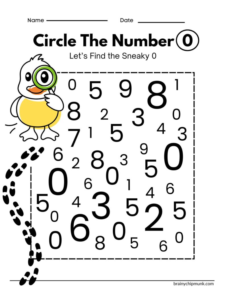A playful worksheet features a cartoon duck with a magnifying glass, searching for zeros among scattered numbers. Text reads “Circle the Number 0.”
